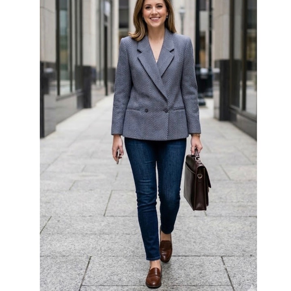 VTG Harve Benard Women 14 Blue Gray Herringbone 100% Wool Double Breasted Blazer